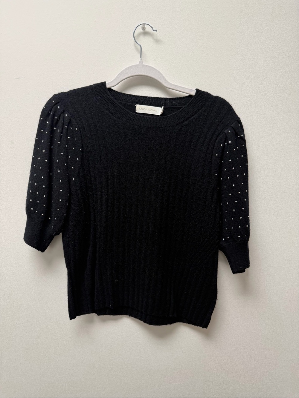 Jonathan Simkhai Black Ribbed Knit Sweater with Puff Shoulders